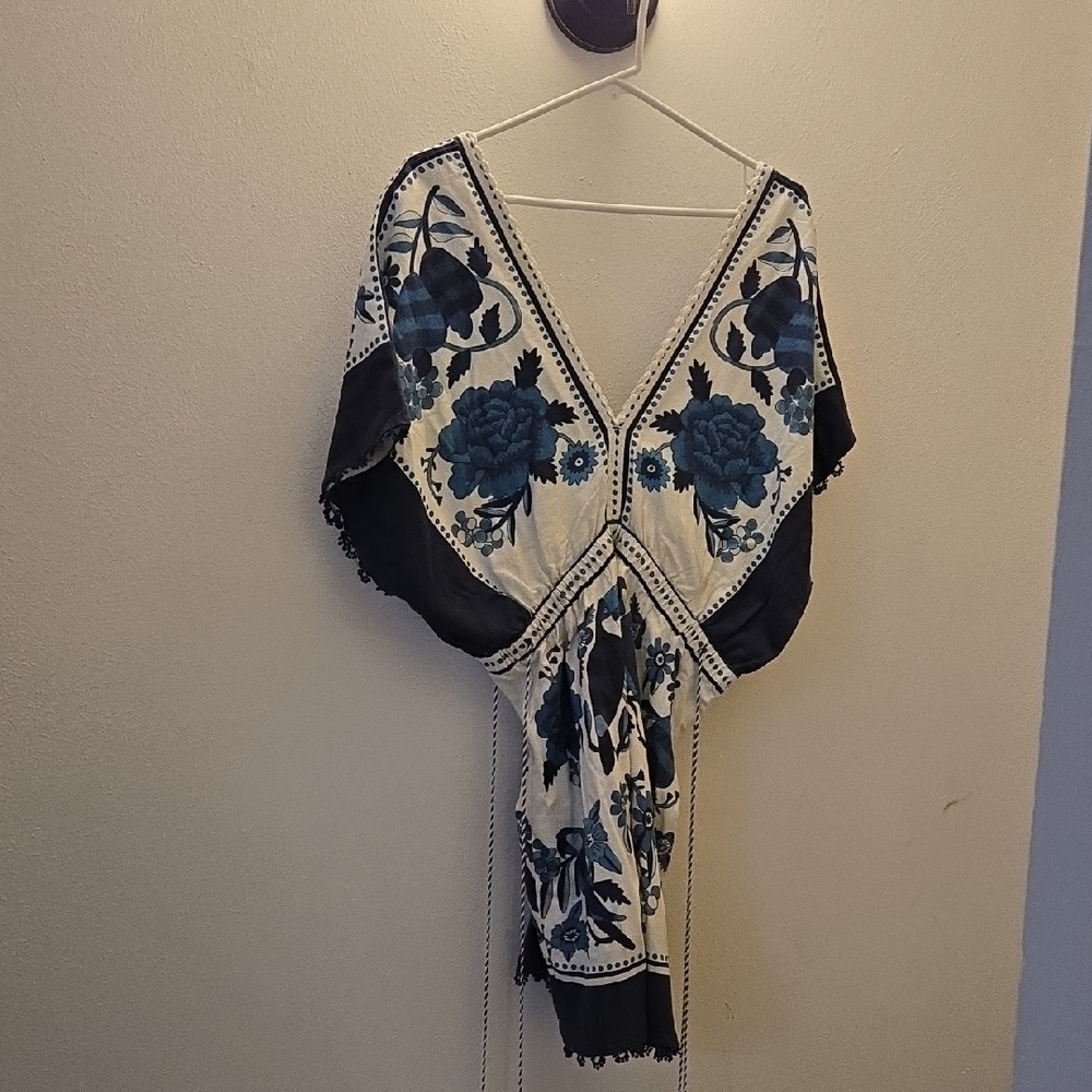 Floral Embroidered Dress with Blue Accents FARM rio